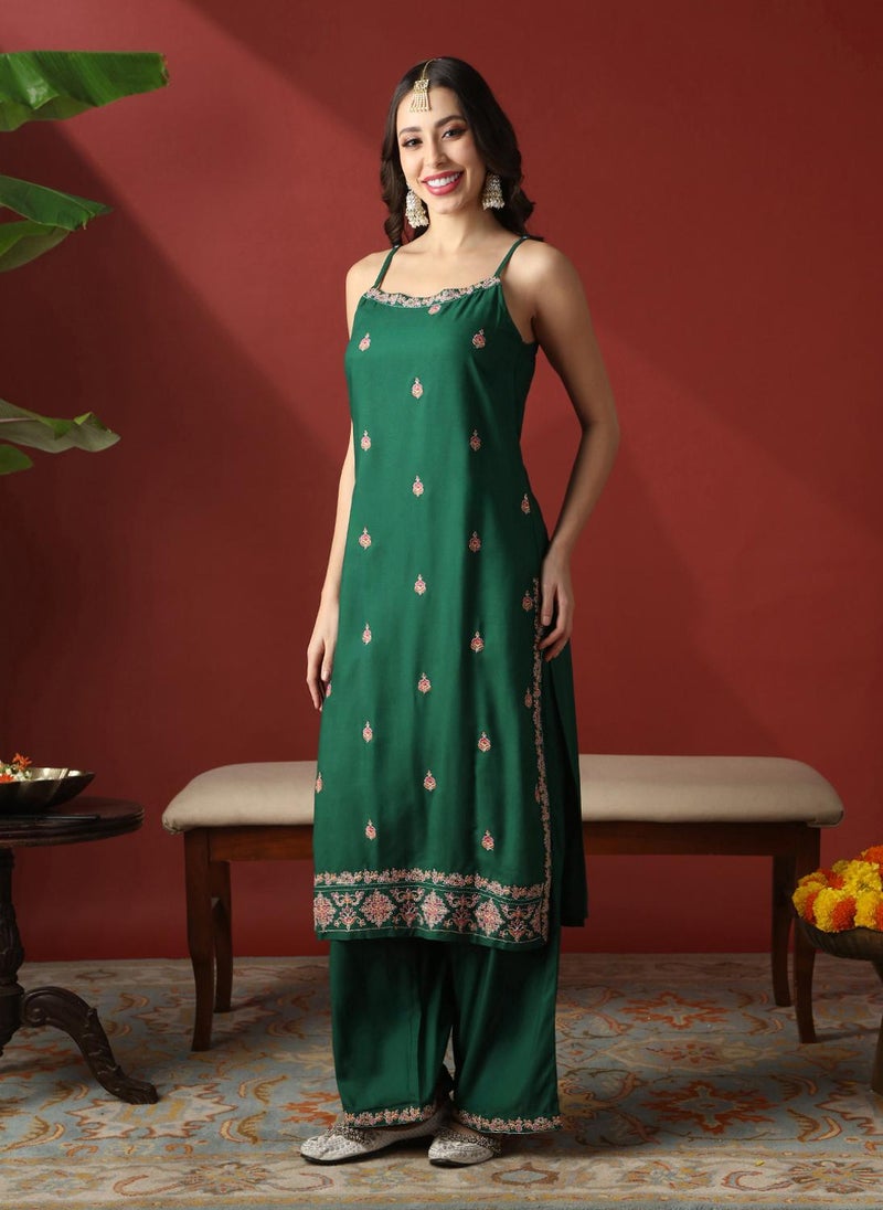 Globus Women Green Round Neck Strappy Shoulder Floral Embroidered Straight Kurta With Wide Leg Pants Festive Set - Image 3